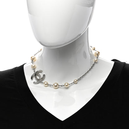 Chanel Pearl Crystal Baguette CC Short Necklace Silver 2 of 5
