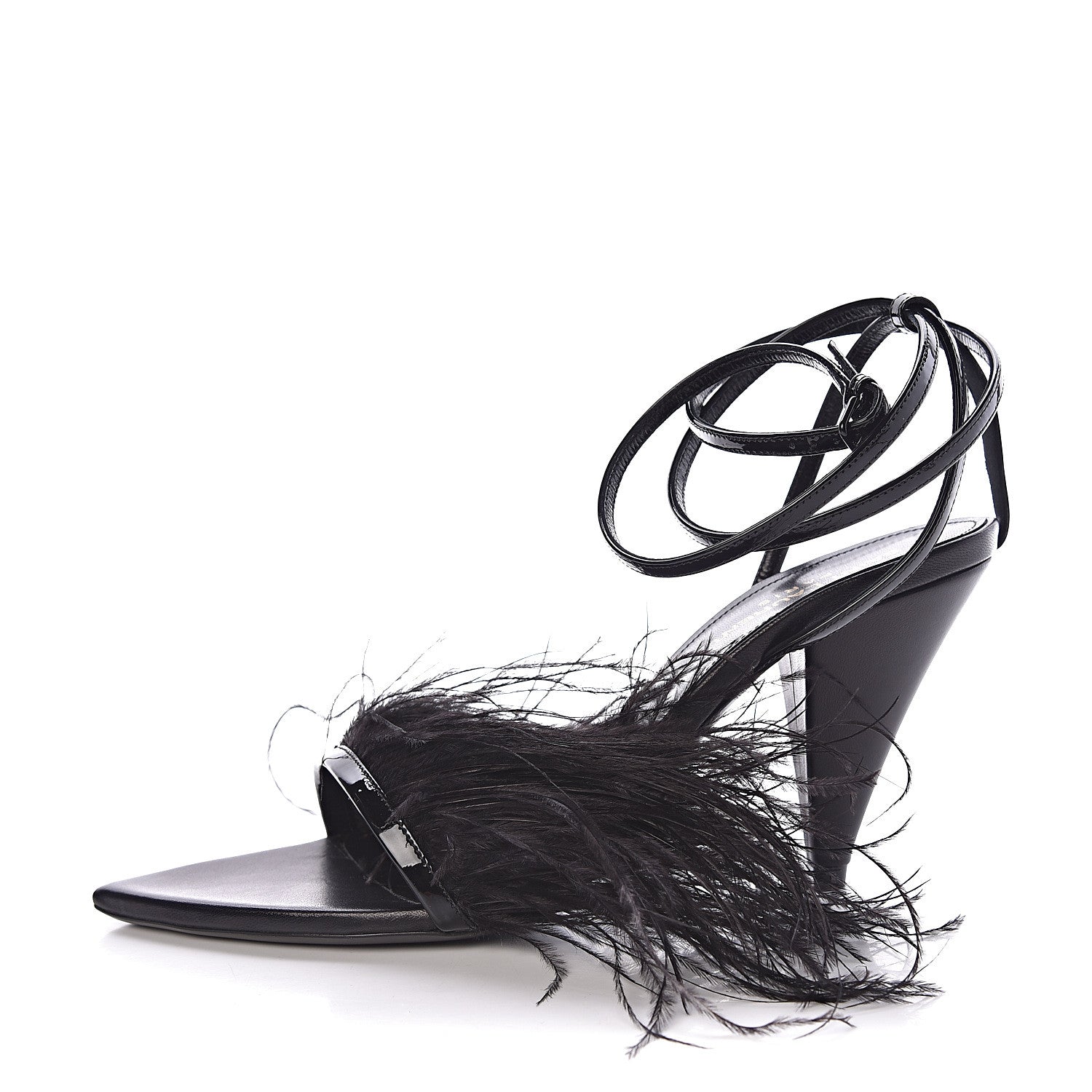 Saint Laurent Patent Ostrich Feathers Era 110 Ankle Strap Sandals 38.5 Black 1 of 9