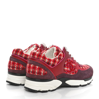 Chanel Wool Tweed Suede Calfskin Womens CC Sneakers 39 Red White Dark Brown Burgundy 4 of 9