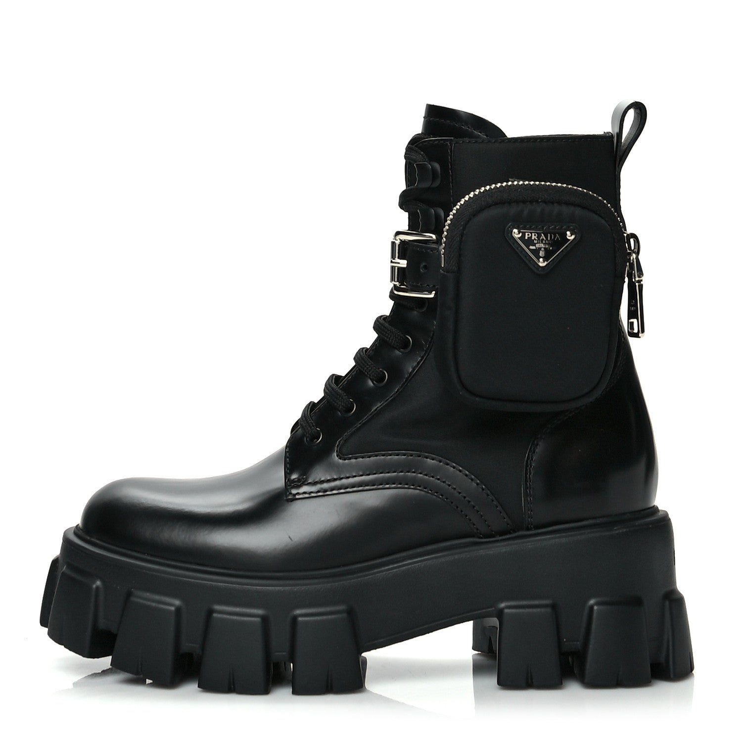 Prada Spazzolato Rois Nylon Metal Triangle Logo Monolith Pouch Pocket 55mm Boots 36 Black 1 of 8