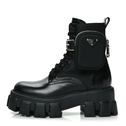 Prada Spazzolato Rois Nylon Metal Triangle Logo Monolith Pouch Pocket 55mm Boots 36 Black 1 of 8