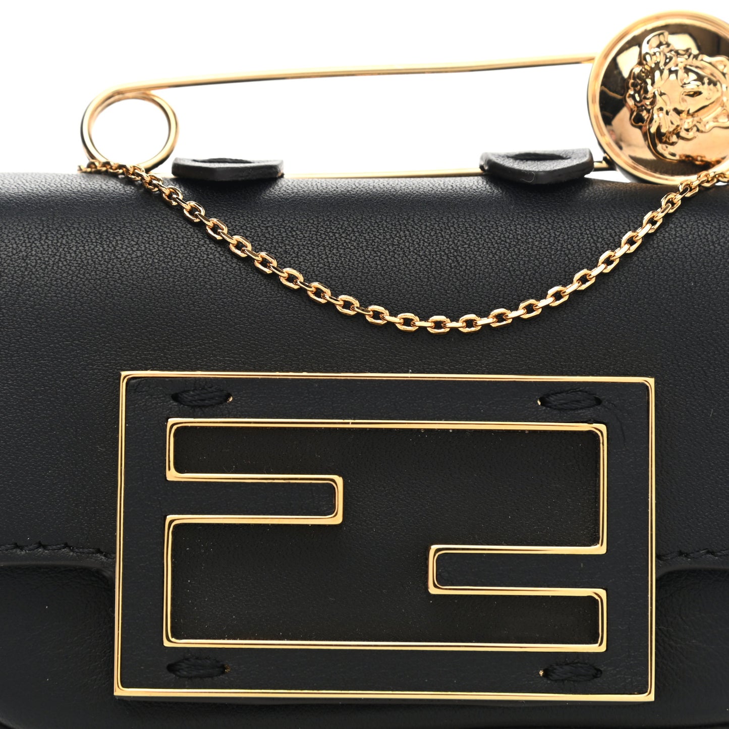 X VERSACE Vitello Seta Fendace Studded Nano Brooch Baguette Black