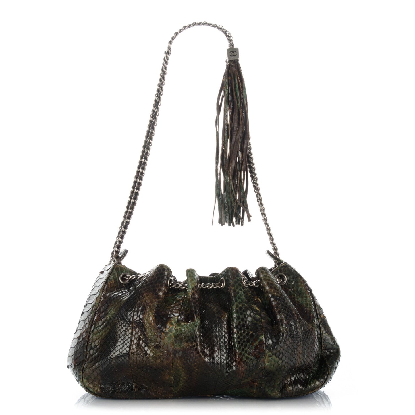 Python Tassel Drawstring Shoulder Bag Dark Blue Brown