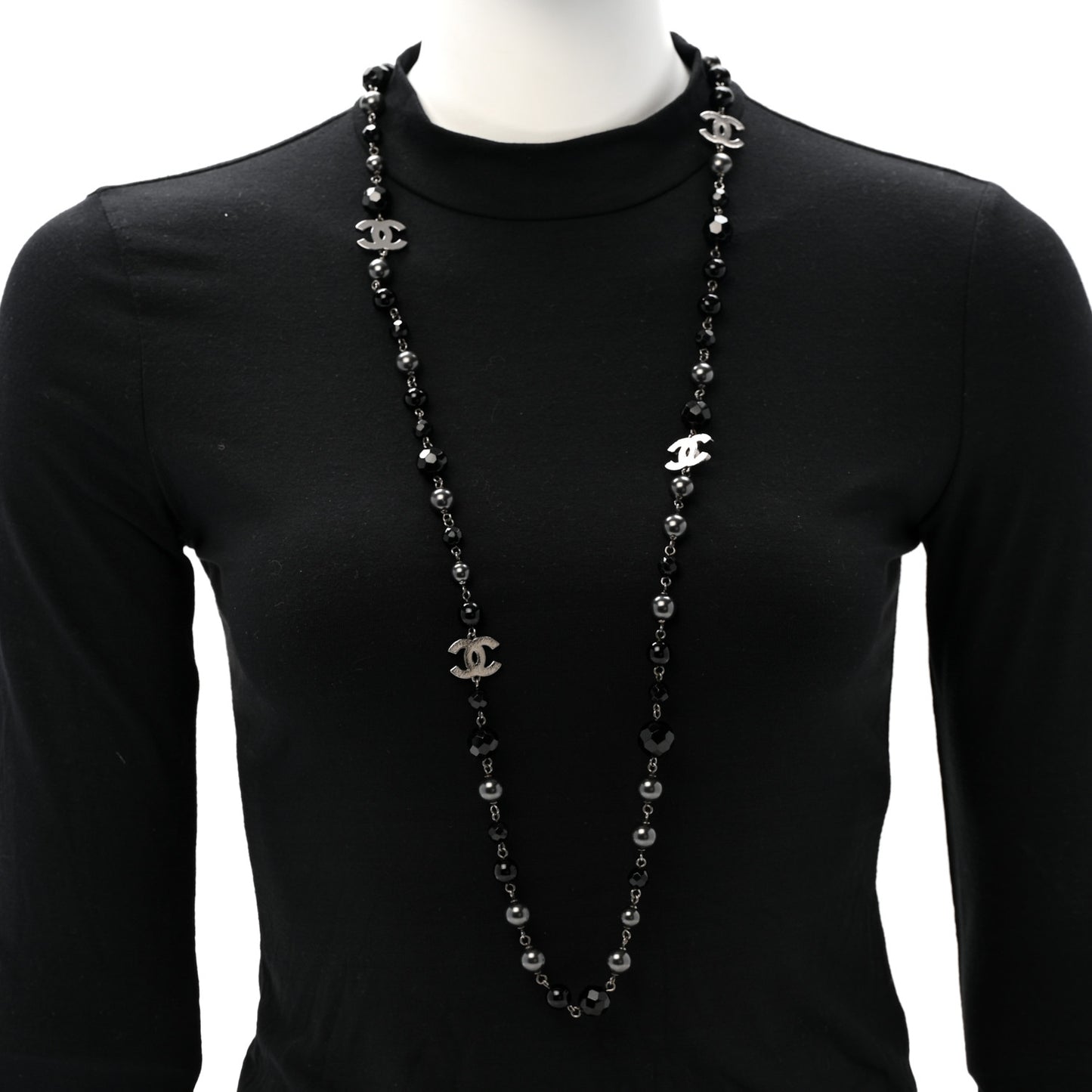 Ruthenium Beaded CC Long Necklace Black