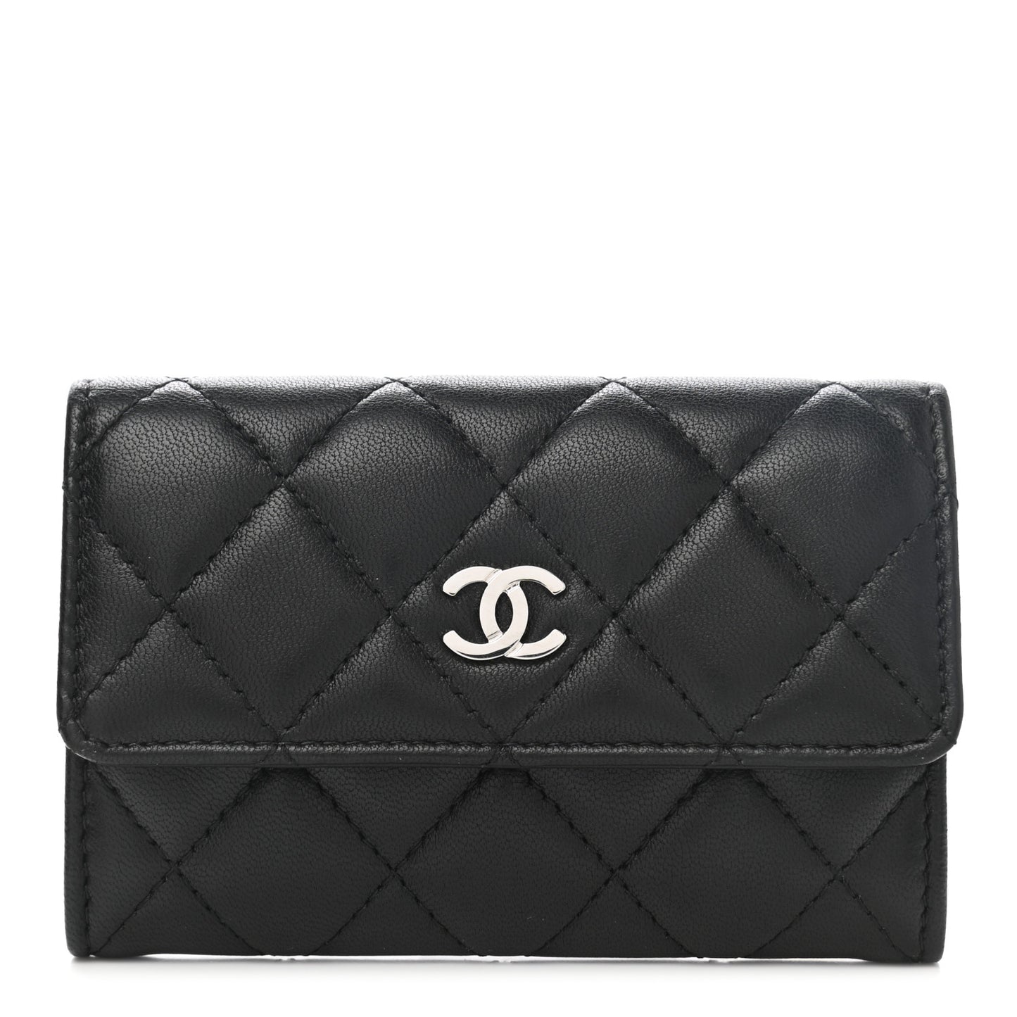 Lambskin Quilted Flap Card Holder Black