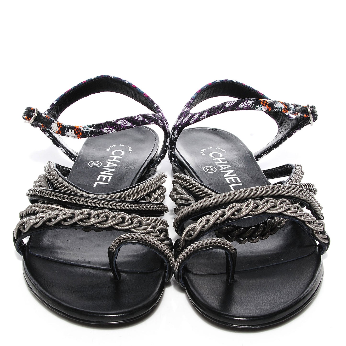 Tweed Chain Flat Sandals 38 Black