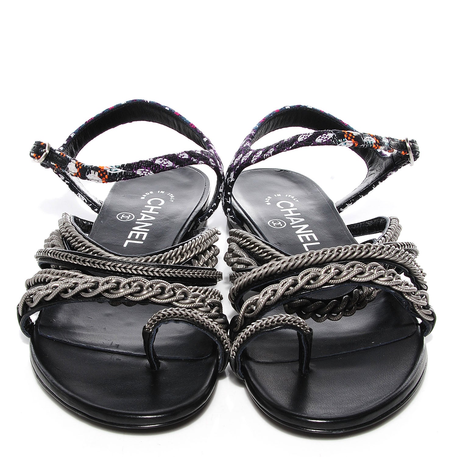 Chanel Tweed Chain Flat Sandals 38 Black 2 of 7