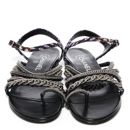 Chanel Tweed Chain Flat Sandals 38 Black 2 of 7