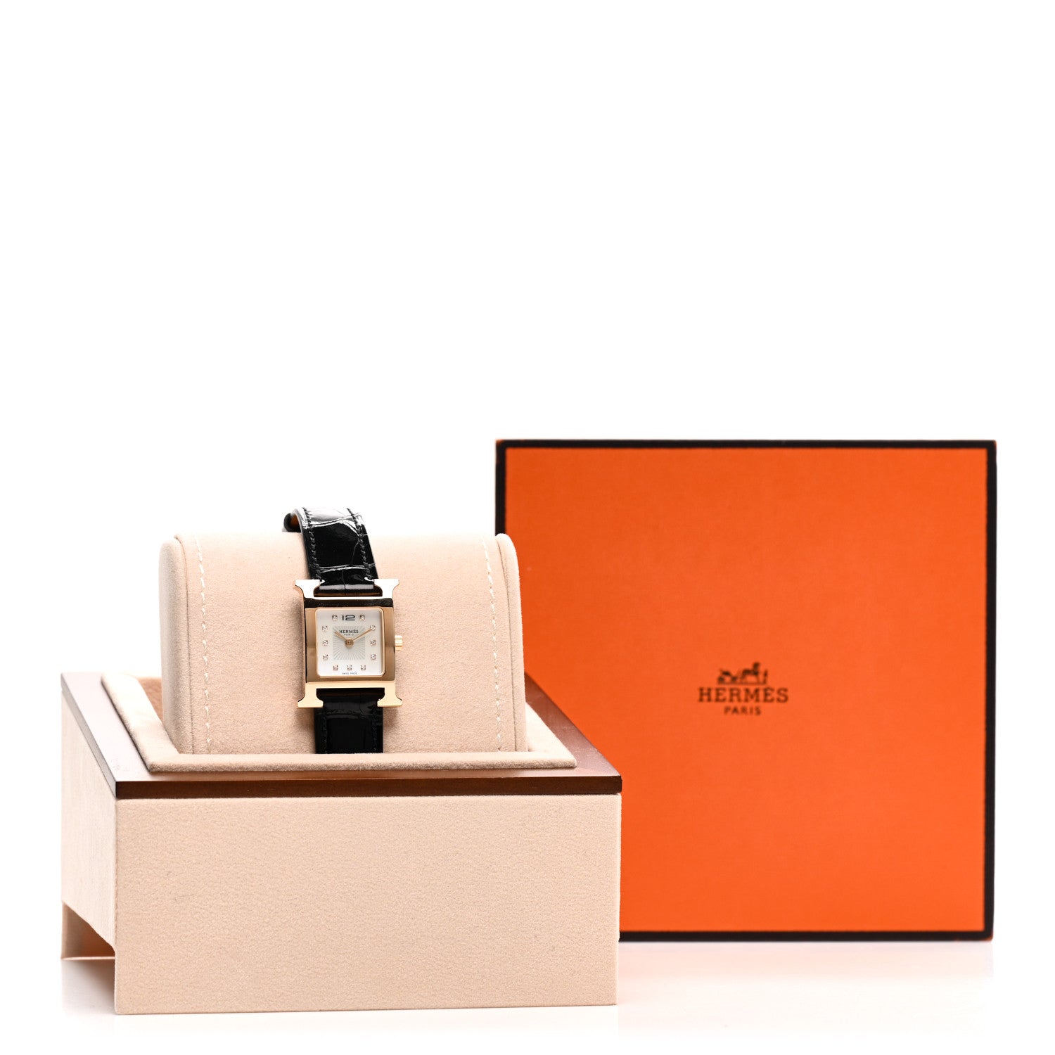 Hermes Stainless Steel Alligator Diamond Mother of Pearl 21mm Heure H Hour Quartz Watch Noir 5 of 5