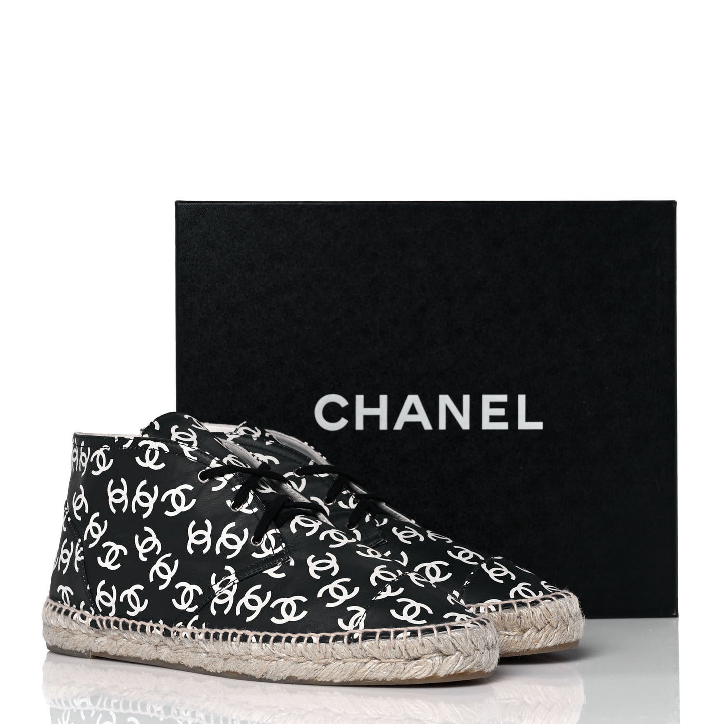 Lambskin Printed CC Lace Up Espadrilles 42 Black White
