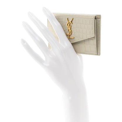Saint Laurent Calfskin Crocodile Embossed Uptown Monogram Card Case Crema Soft 2 of 9