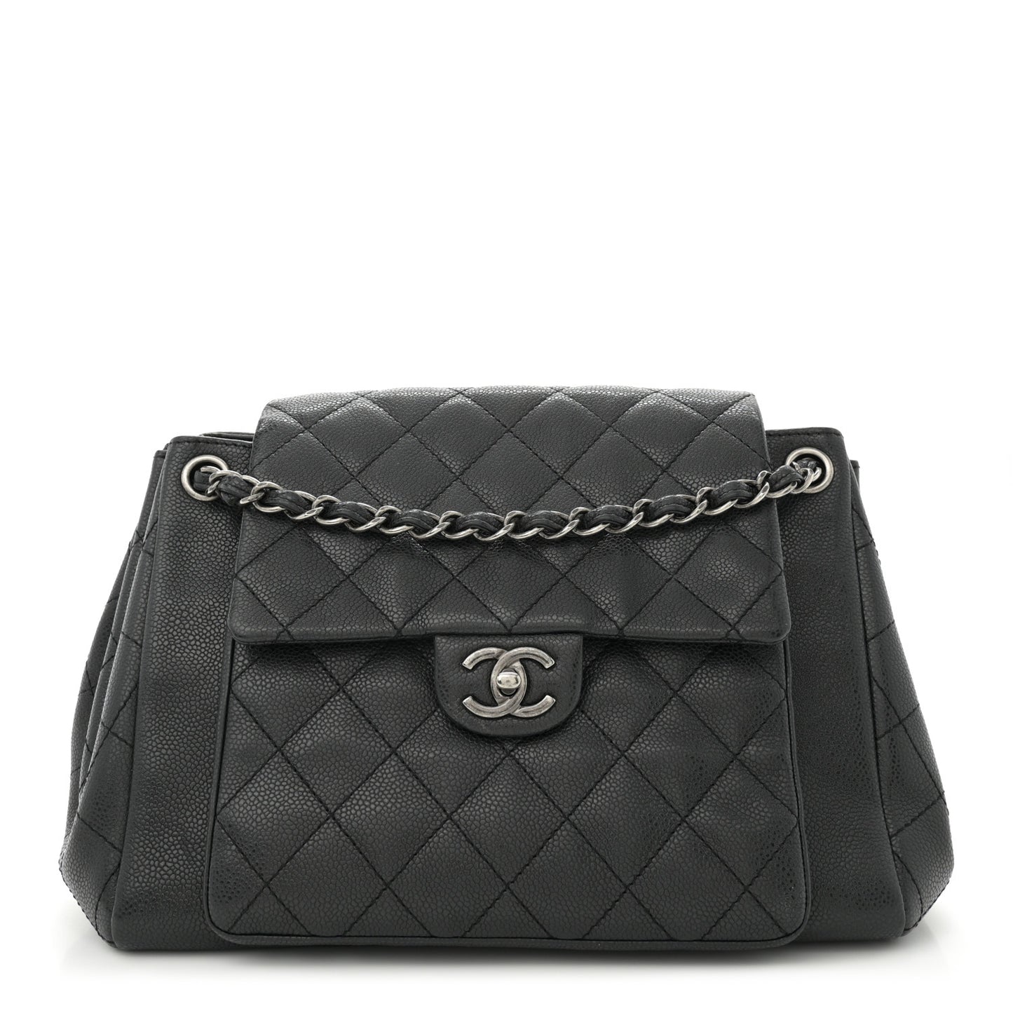 Caviar Quilted CC Accordion Shopping Bag Black