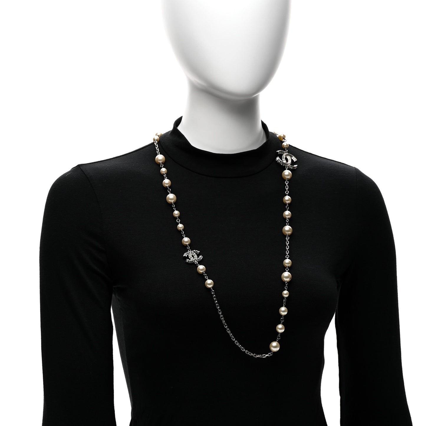 Graduated Pearl Crystal CC Long Necklace Silver