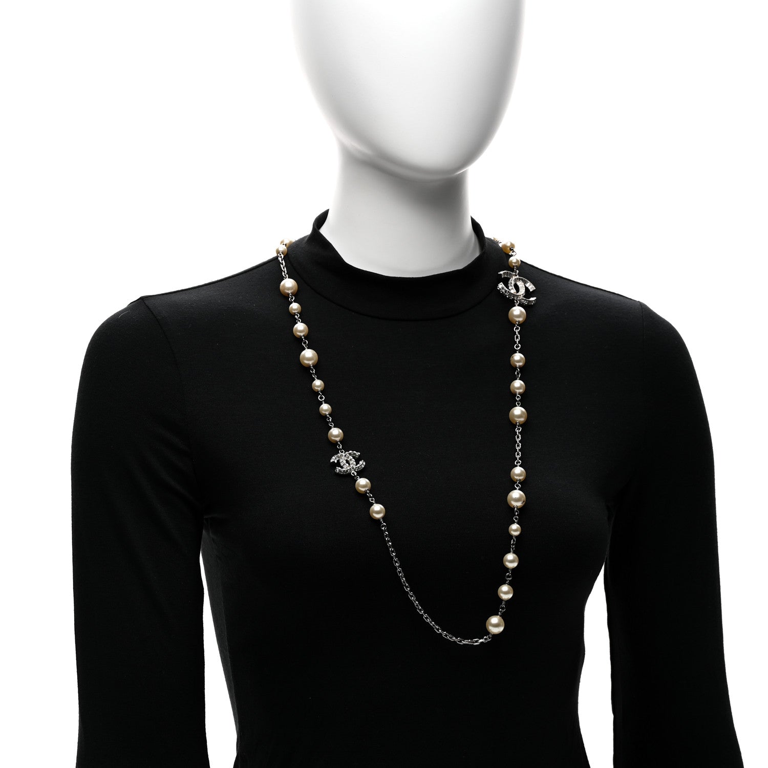 Chanel Graduated Pearl Crystal CC Long Necklace Silver 2 of 5