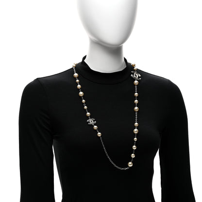 Chanel Graduated Pearl Crystal CC Long Necklace Silver 2 of 5