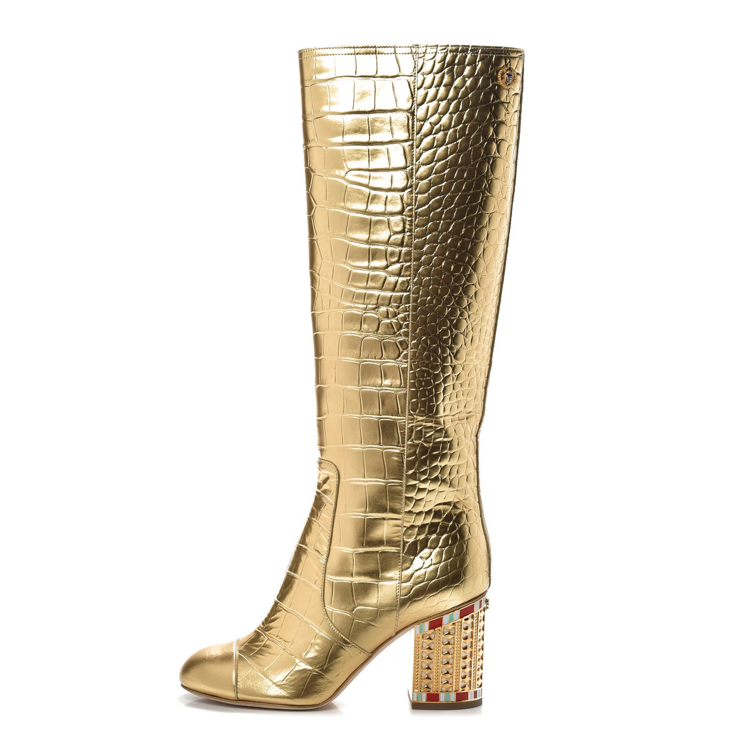 Calfskin Crocodile Embossed Cap Toe High Boots 37 Gold