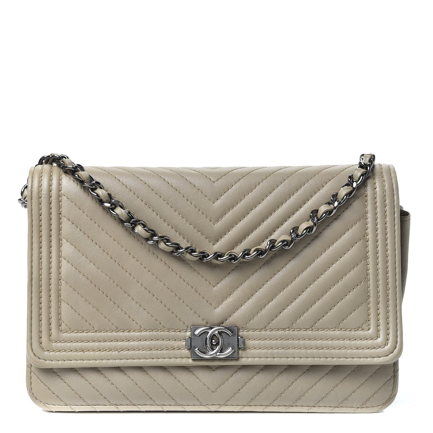 Chanel Lambskin Chevron Quilted Boy Wallet On Chain WOC Grey 1 of 10