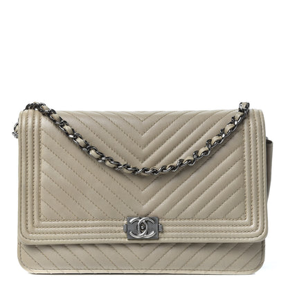 Chanel Lambskin Chevron Quilted Boy Wallet On Chain WOC Grey 1 of 10