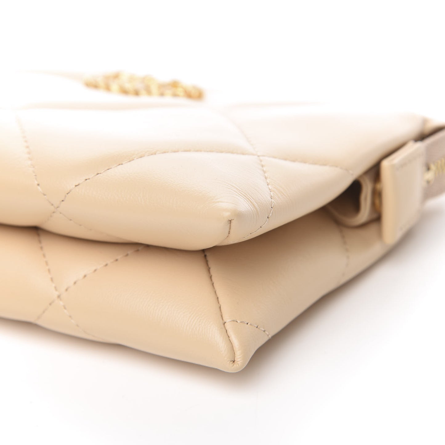 Shiny Goatskin Quilted 19 Small Pouch With Handle Beige