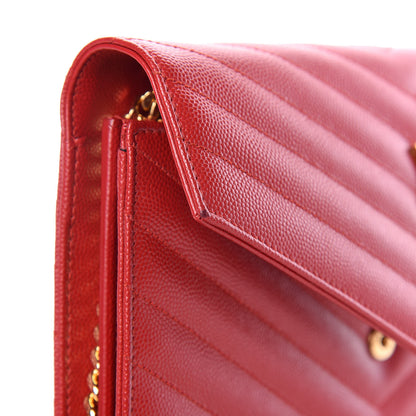 Saint Laurent Grain De Poudre Matelasse Chevron Monogram Chain Wallet New Red 11 of 16