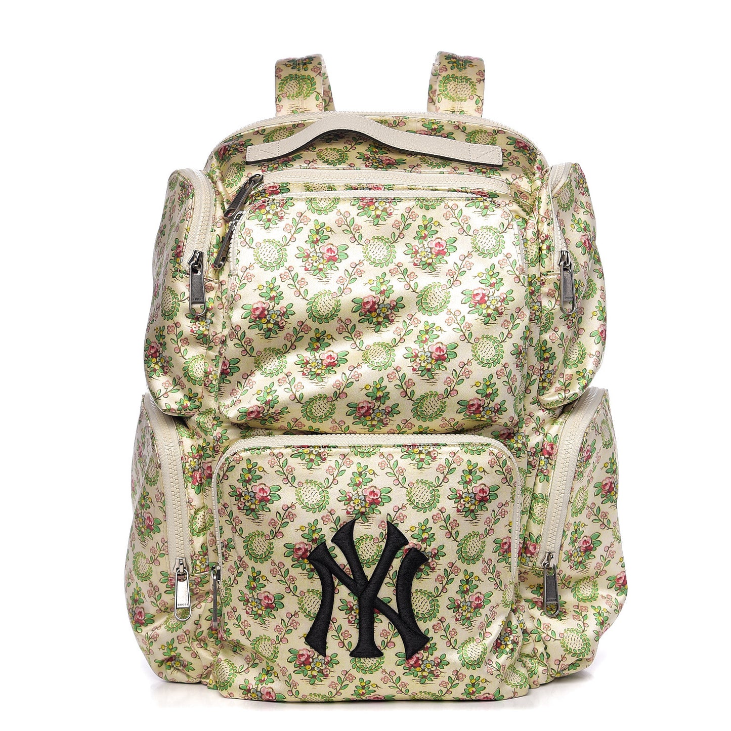 X MLB Satin Floral Print NY Yankees Patch Backpack Ivory Green