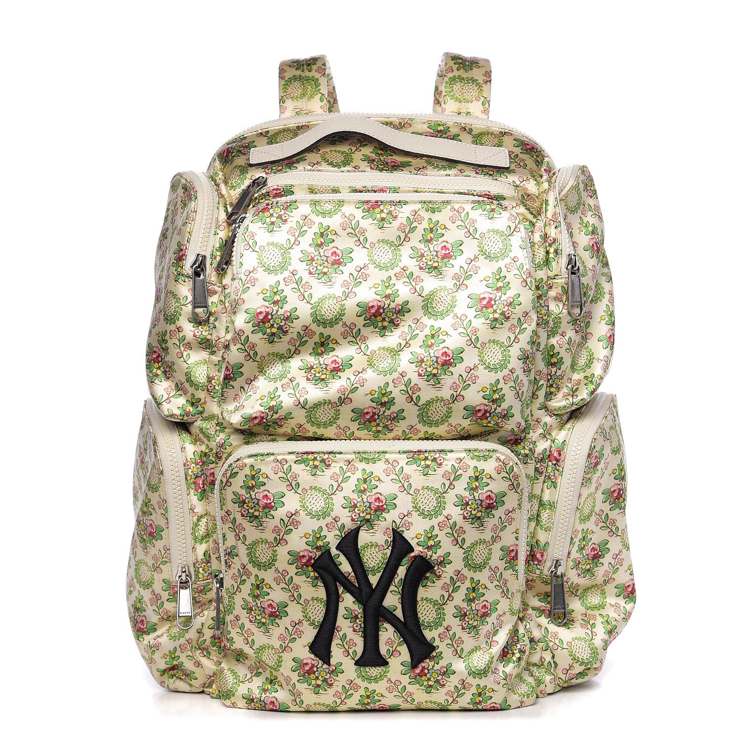 Gucci X MLB Satin Floral Print NY Yankees Patch Backpack Ivory Green 1 of 10