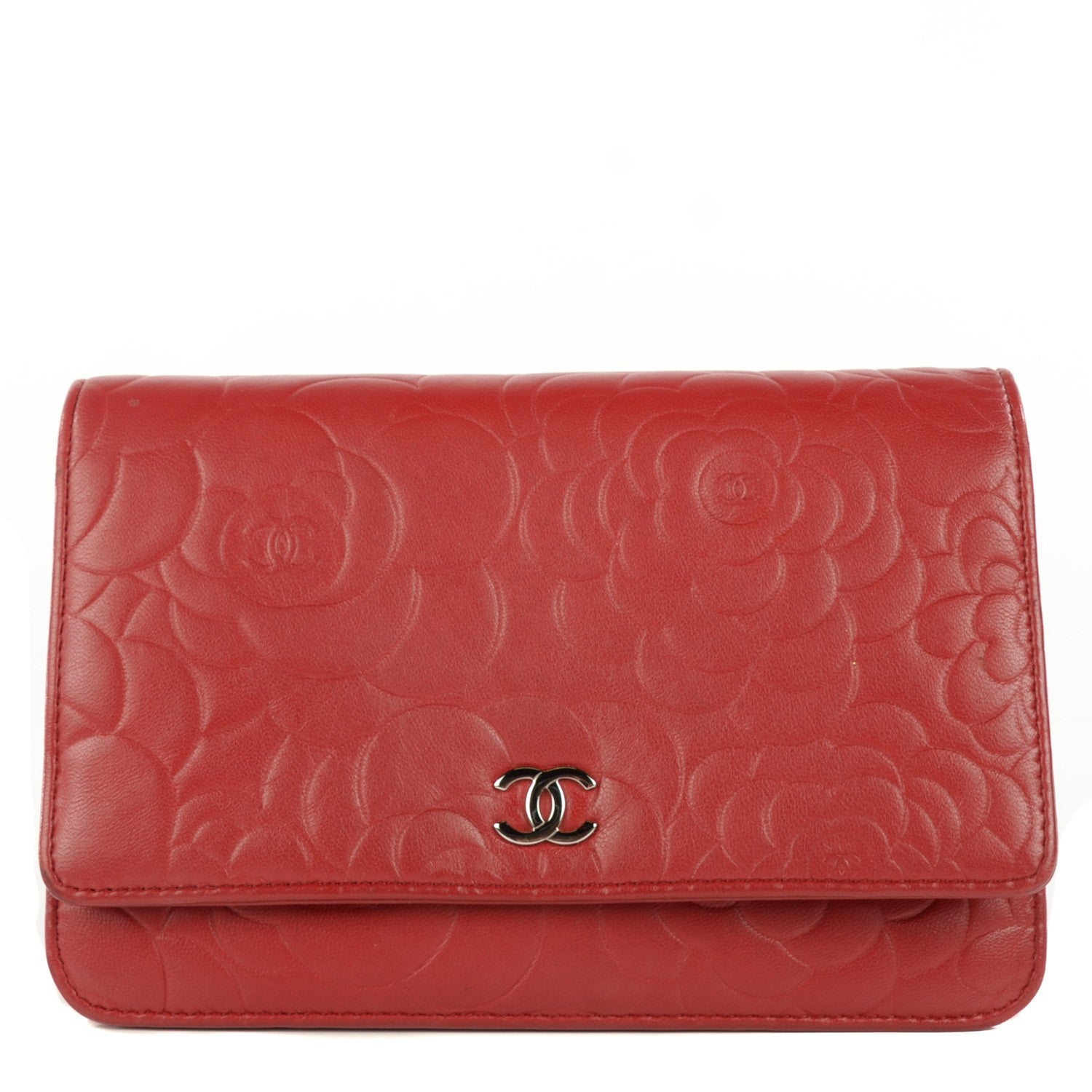 Chanel Lambskin Camellia Embossed Wallet On Chain WOC Red 1 of 8