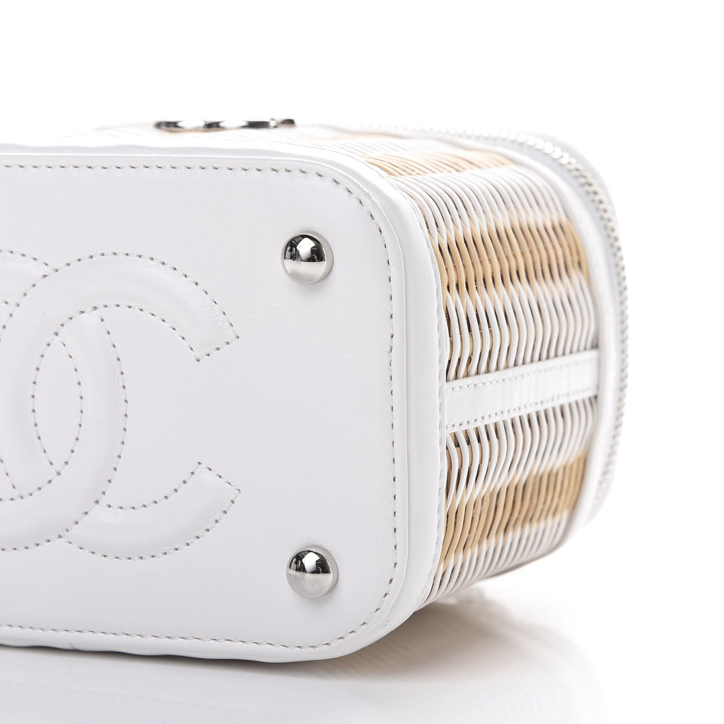 Calfskin Raffia Small Vanity Case Bag White Beige