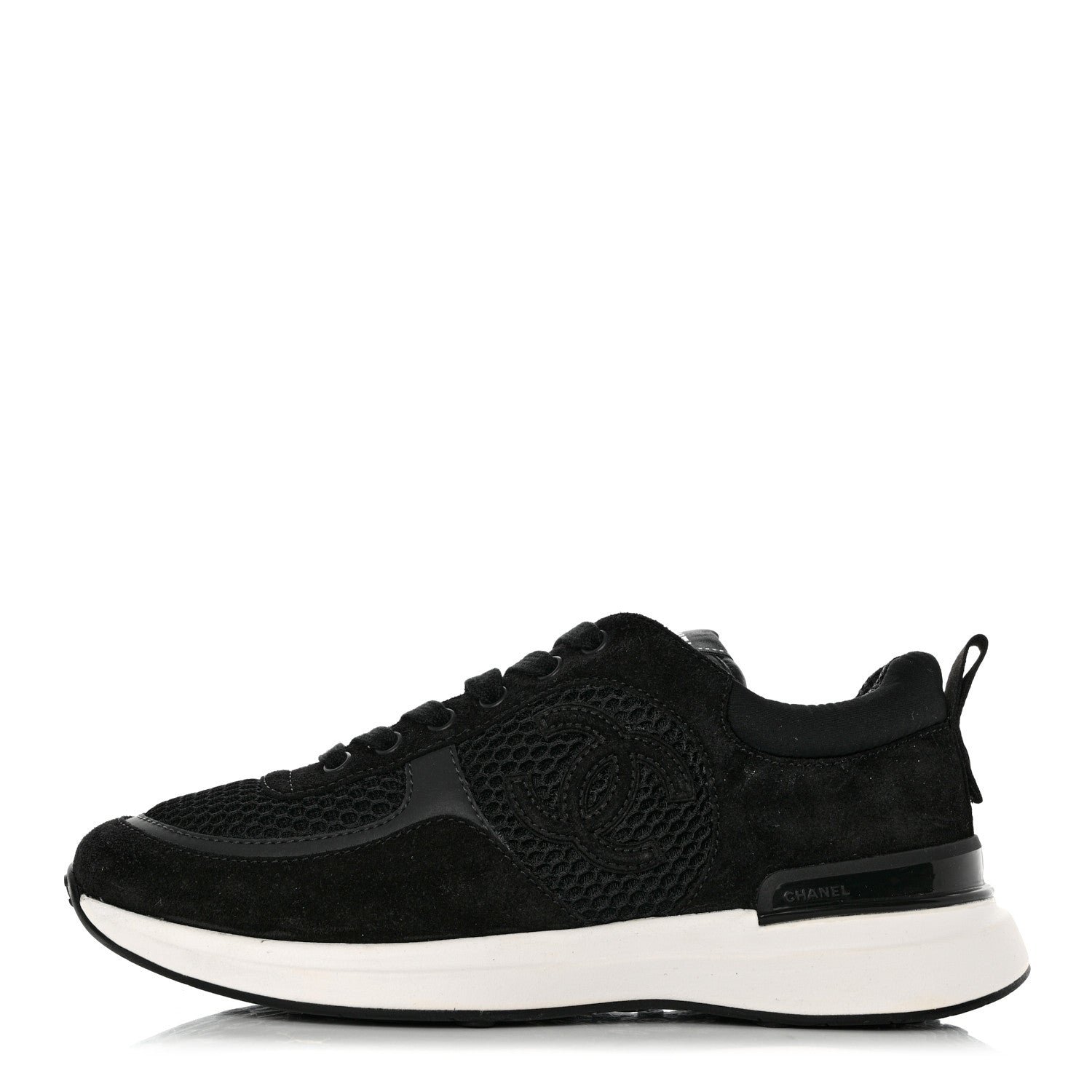 Chanel Calfskin Mesh Lycra Suede Womens Logo Sneakers 37 Black 1 of 9