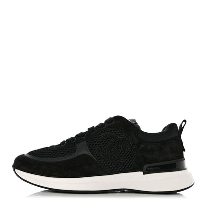 Chanel Calfskin Mesh Lycra Suede Womens Logo Sneakers 37 Black 1 of 9
