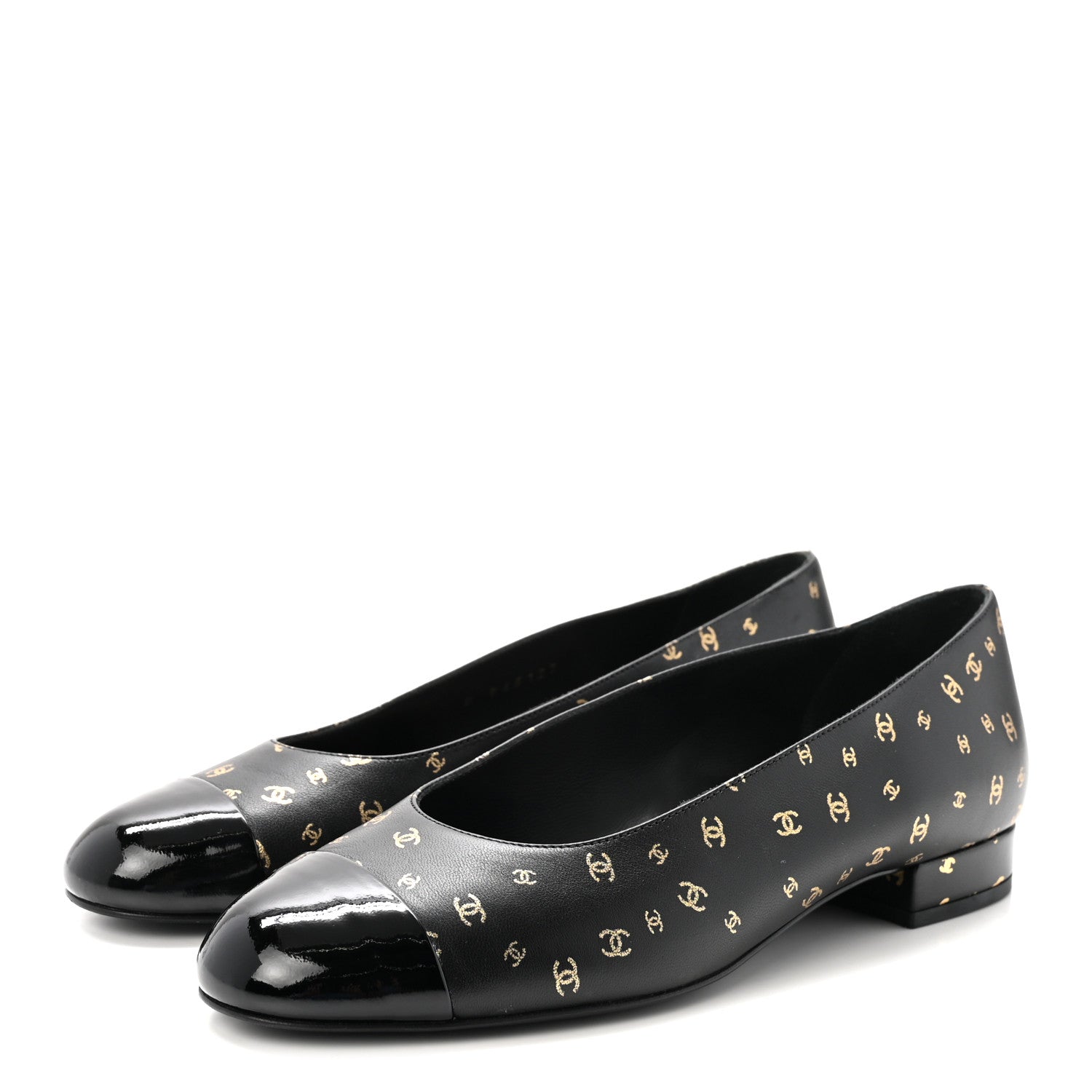 Chanel Lambskin Patent Calfskin Printed CC Cap Toe Ballerina Flats 36 Black Gold 4 of 10