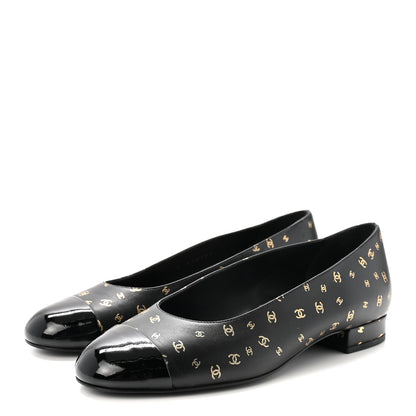 Chanel Lambskin Patent Calfskin Printed CC Cap Toe Ballerina Flats 36 Black Gold 4 of 10