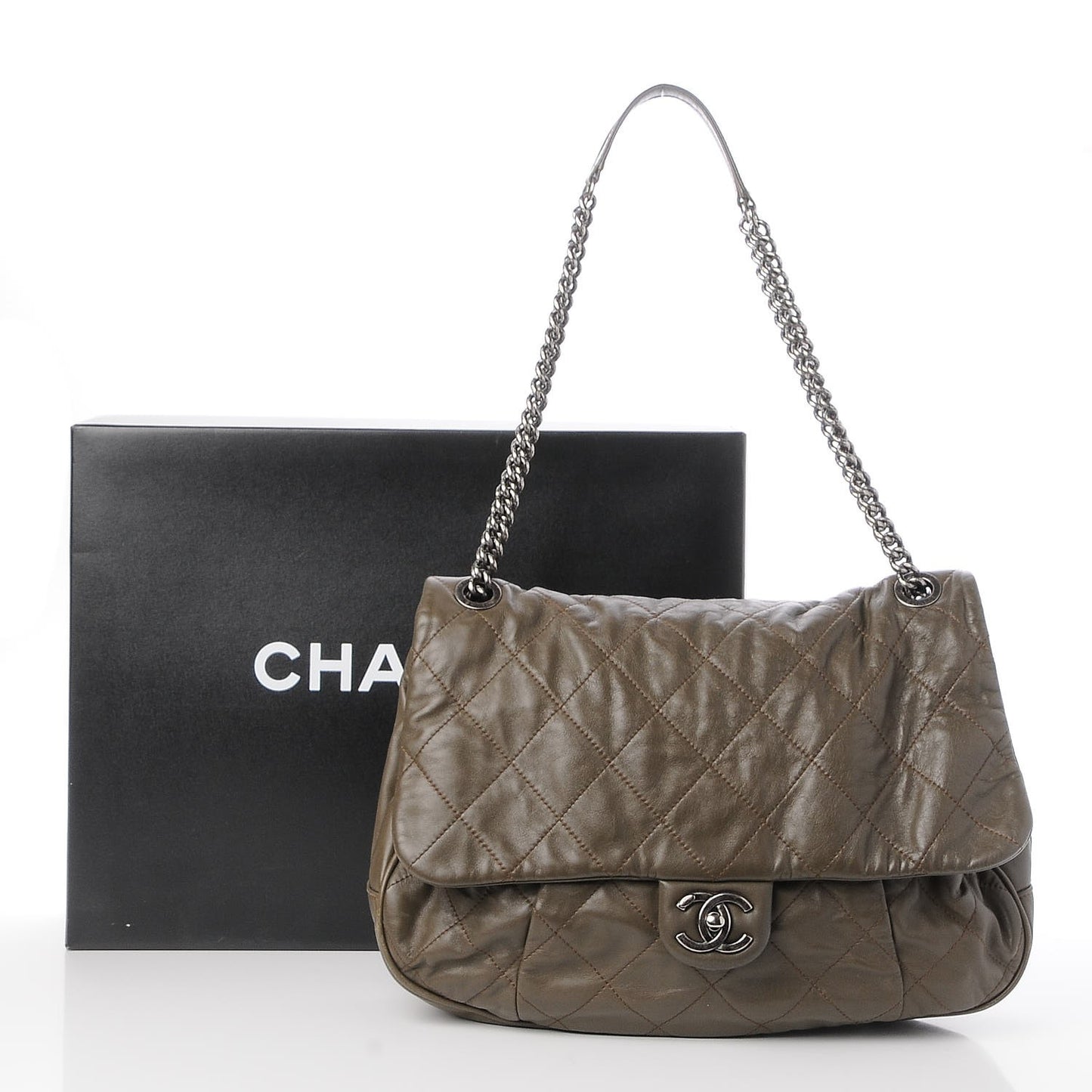Calfskin Coco Pleats Messenger Flap Khaki