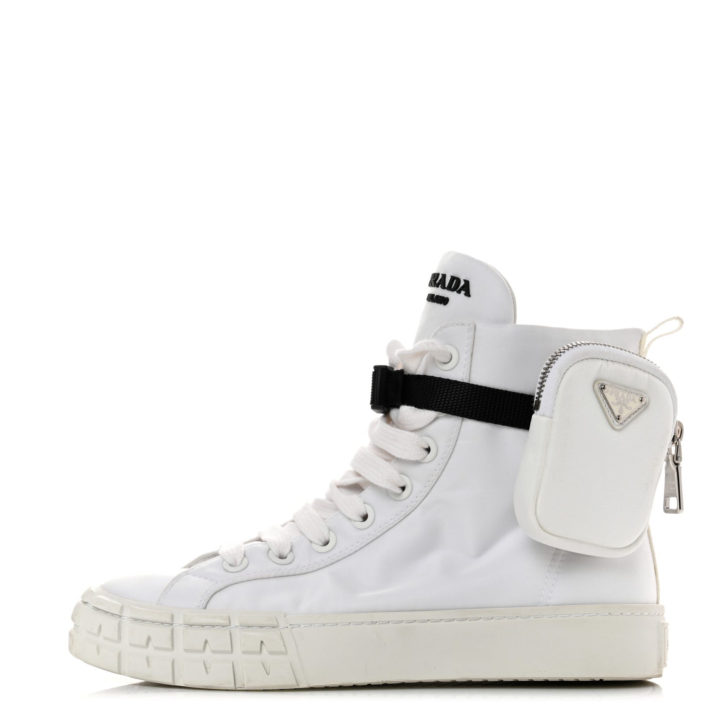 Re-Nylon Gabardine Metal Triangle Logo Wheel Pouch Pocket High Top Sneakers 38.5 White
