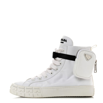 Prada Re-Nylon Gabardine Metal Triangle Logo Wheel Pouch Pocket High Top Sneakers 38.5 White 1 of 9