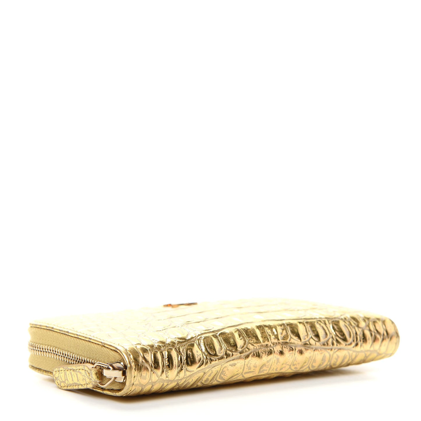 Metallic Calfskin Crocodile Embossed Small Zip Wallet Gold