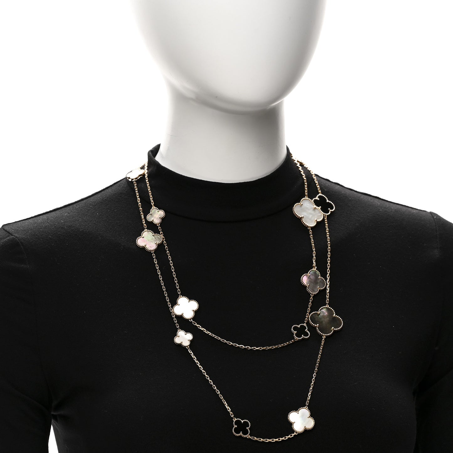 18K Yellow Gold Onyx Mother of Pearl 16 Motifs Magic Alhambra Necklace