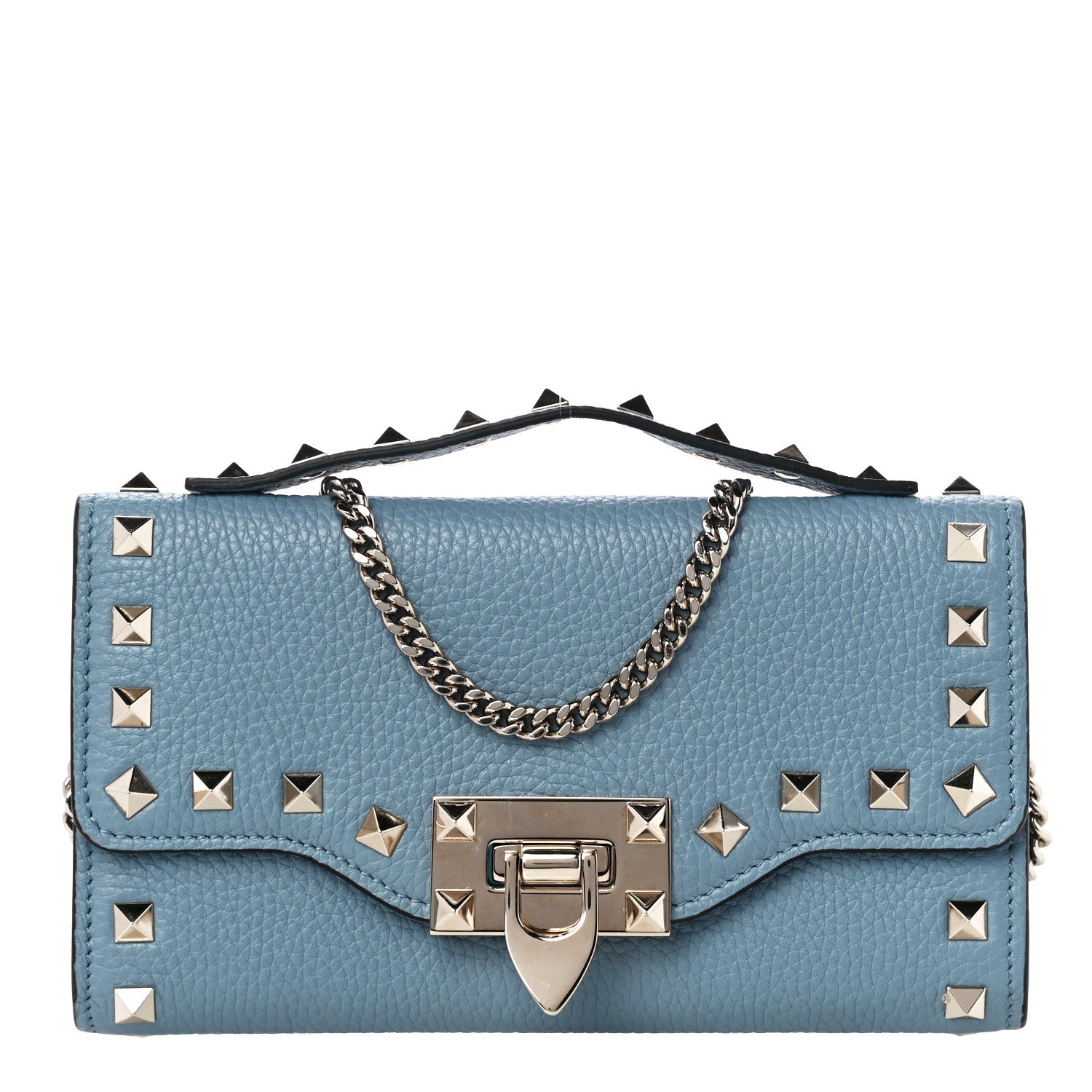 Valentino Garavani Pebbled Calfskin Rockstud Flip Lock Wallet On Chain Niagara 1 of 10