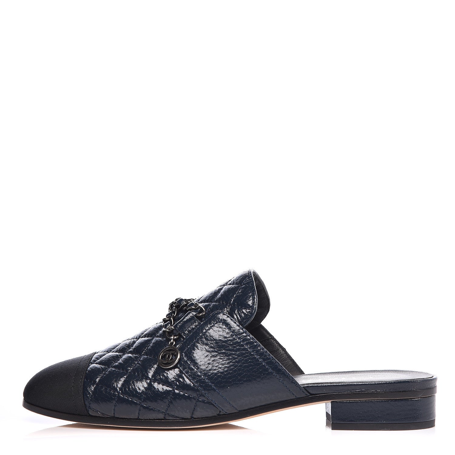 Chanel Glazed Deerskin Grosgrain Quilted Chain Mules 38 Blue Black 1 of 8