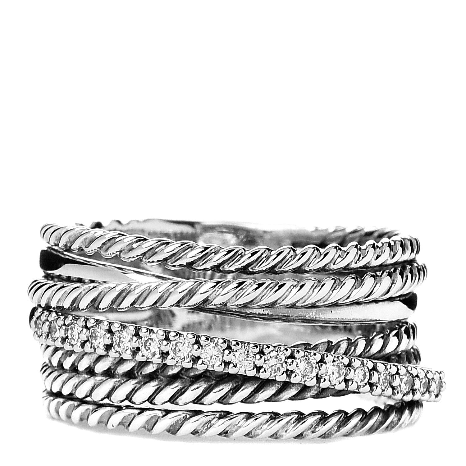David Yurman Sterling Silver Diamond 11mm Wide Crossover Cable Ring 54 7 1 of 5
