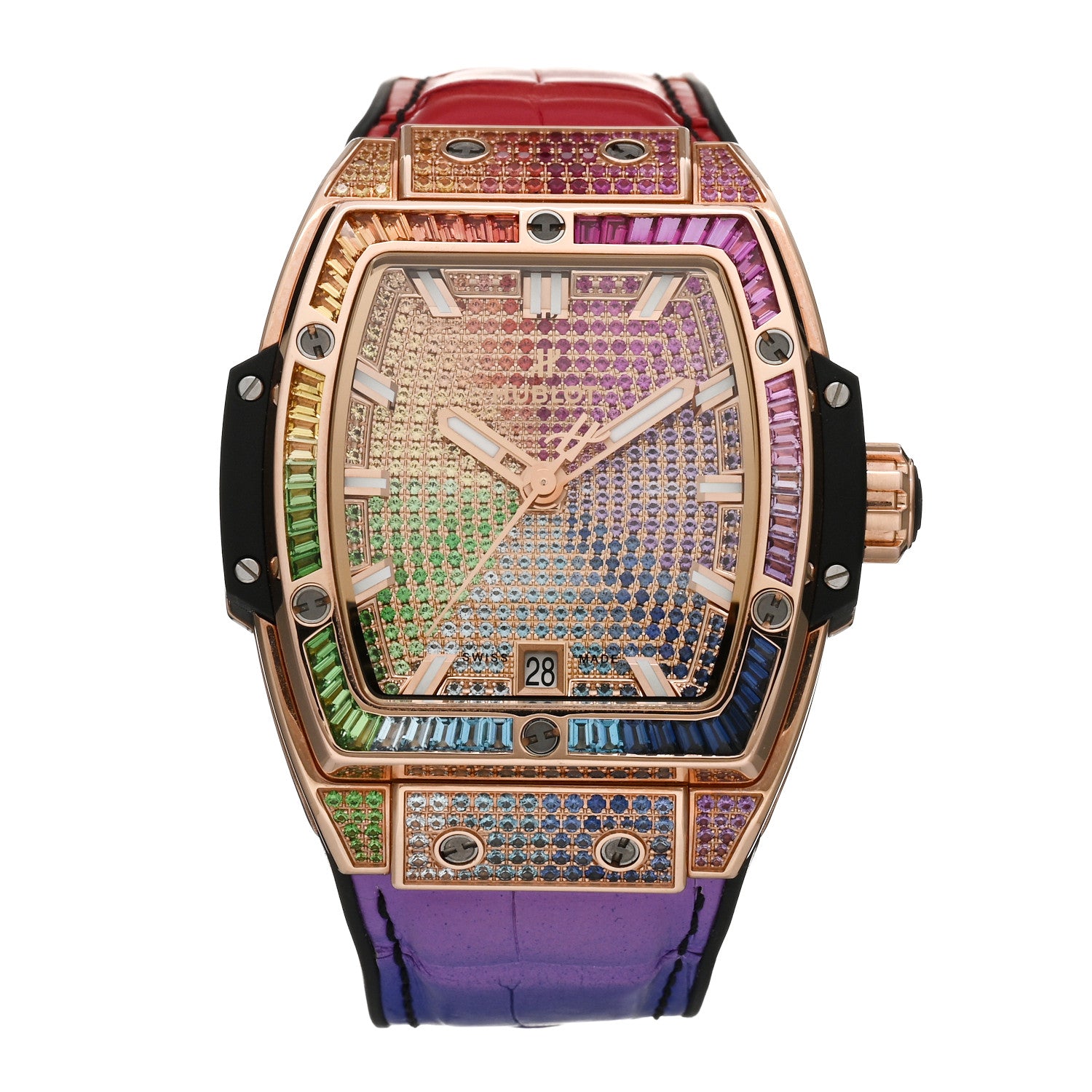 HUBLOT 18K Rose Gold Alligator Gemstone 39mm Spirit of Big Bang One Click Rainbow Automatic Watch 665.OX.9910.LR.0999