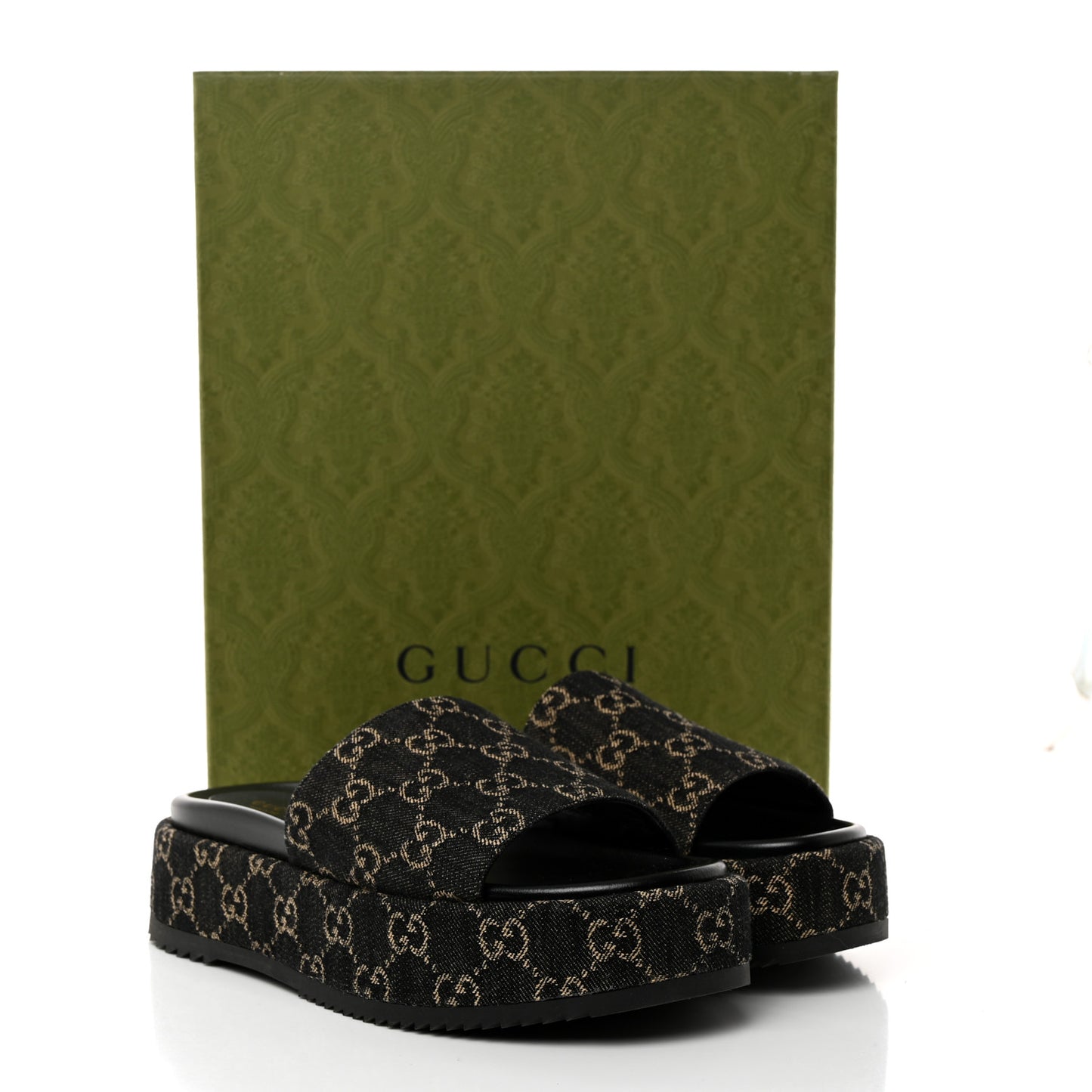 Jacquard Black Denim GG Monogram Angelina Platform 55mm Slide Sandals 40 Black Ivory