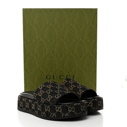 Gucci Jacquard Black Denim GG Monogram Angelina Platform 55mm Slide Sandals 40 Black Ivory 9 of 9