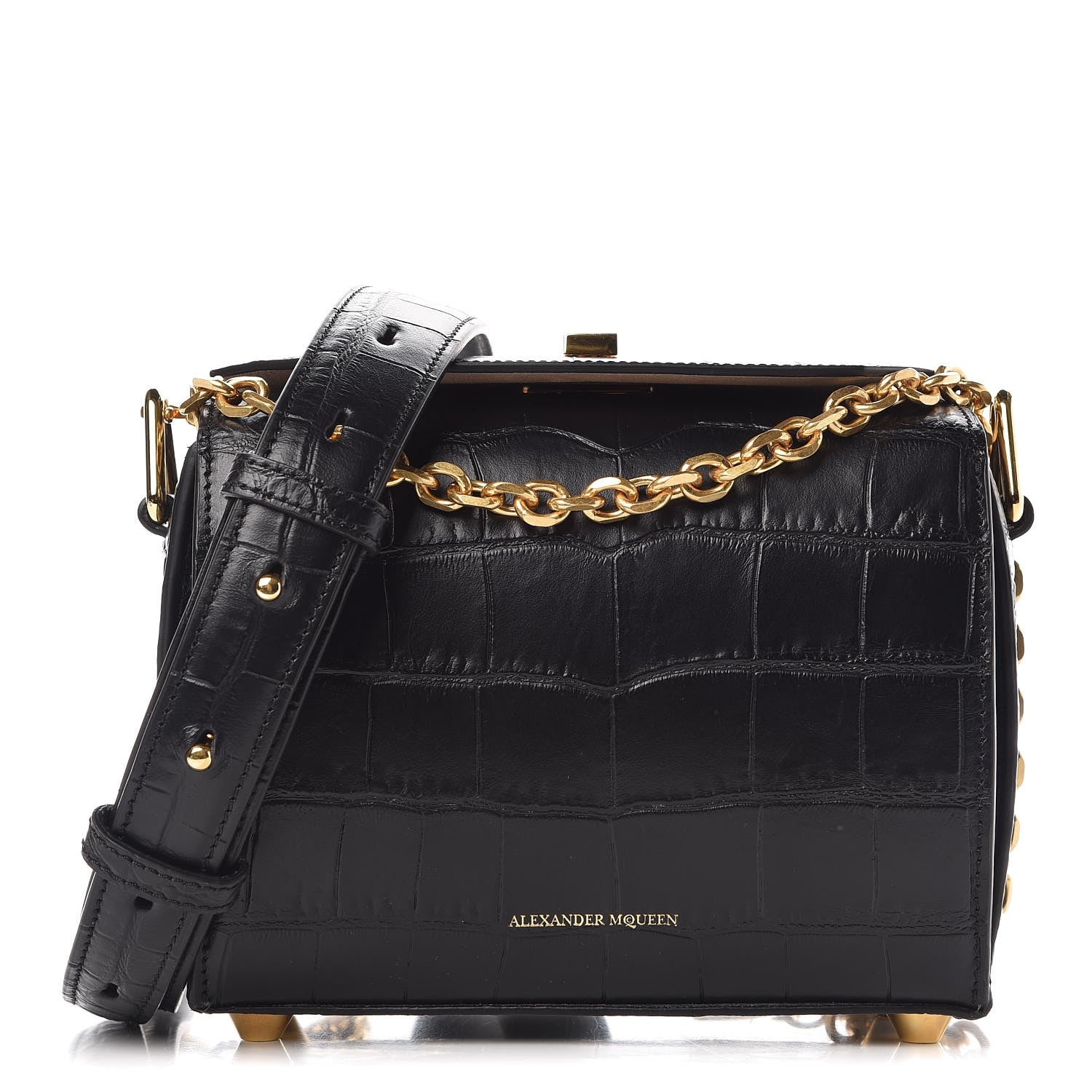 Alexander McQueen Calfskin Crocodile Embossed Box Shoulder Bag 19 Black 1 of 8