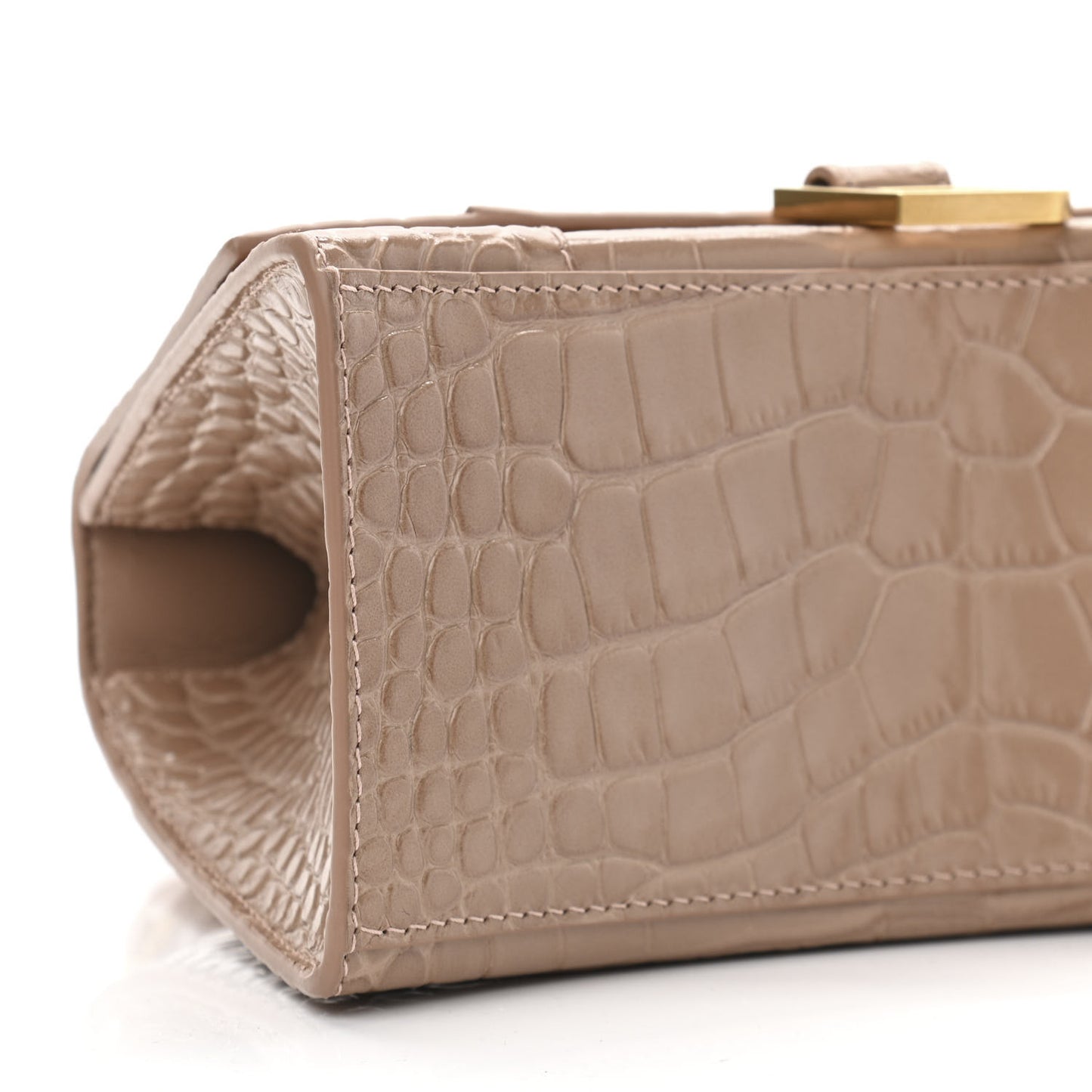 Shiny Calfskin Crocodile Embossed Small Hourglass Top Handle Bag Nude Beige