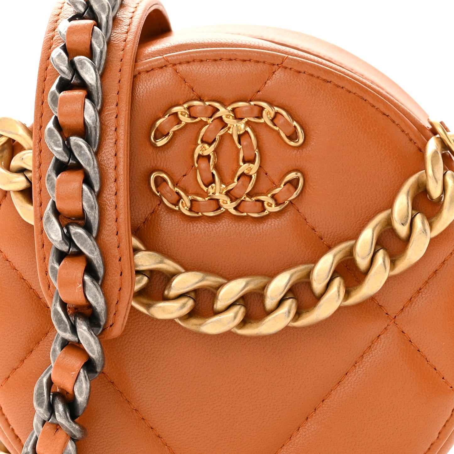 Goatskin Quilted Chanel 19 Round Clutch With Chain Brown