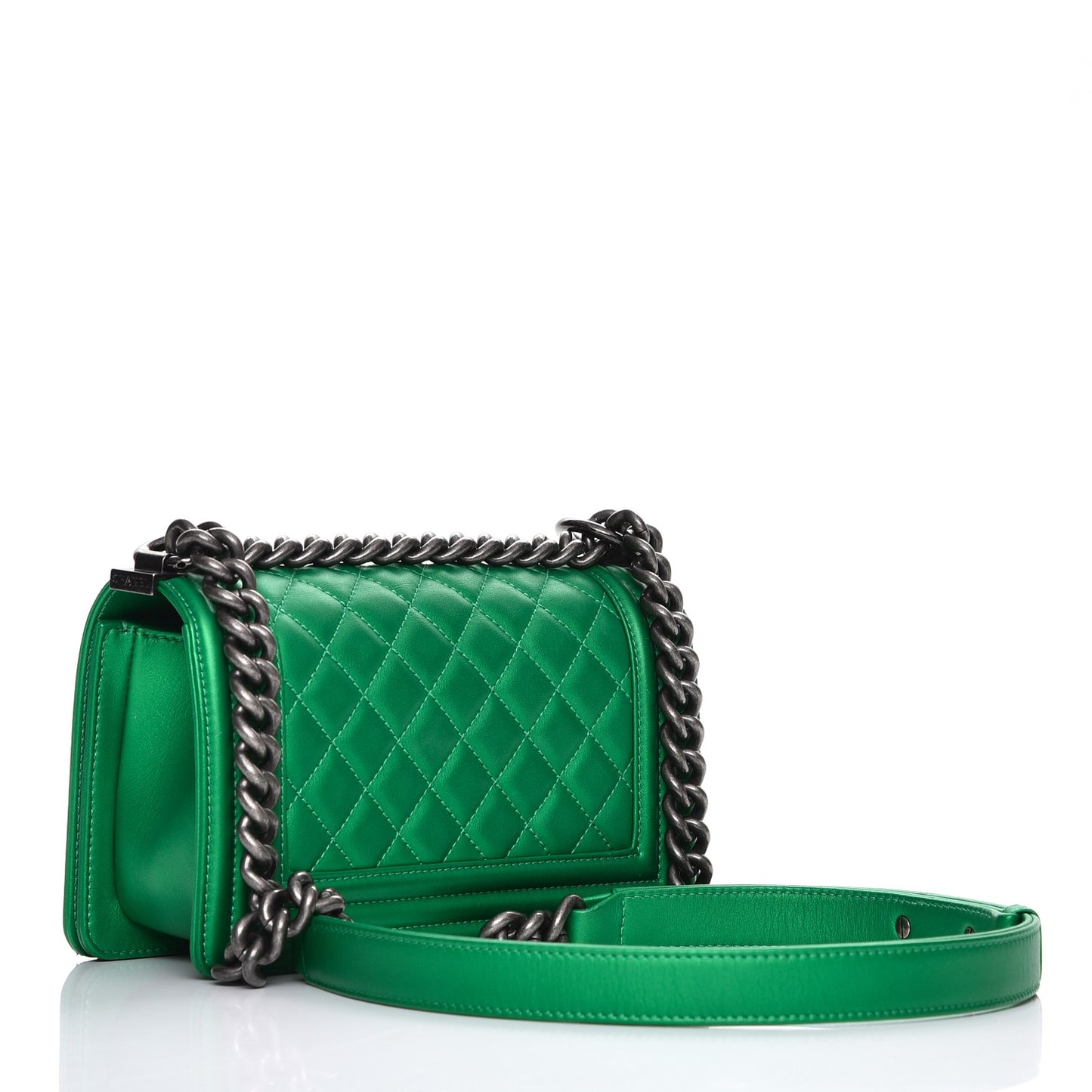 Metallic Calfskin Quilted Small Boy Flap Green