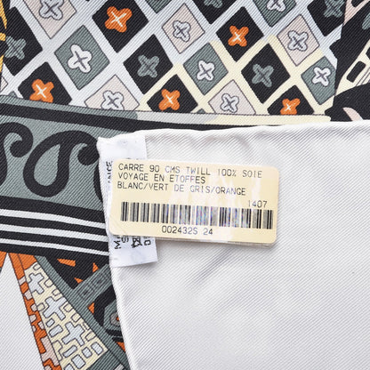 Hermes Silk Voyage En Etoffes Scarf 90 White Vert De Gris Orange 7 of 7