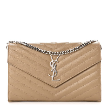 Saint Laurent Grain De Poudre Matelasse Chevron Monogram Chain Wallet Dark Latte 1 of 12