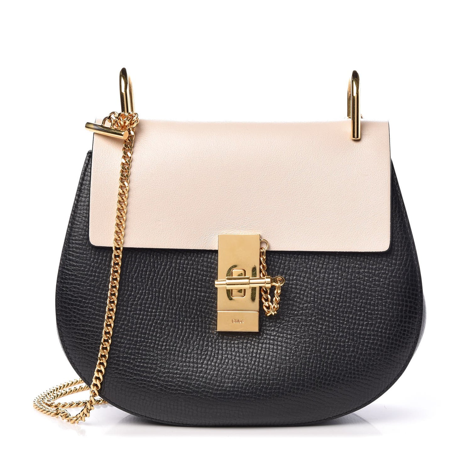 Grained Calfskin Lambskin Bi-Color Drew Shoulder Bag Black Powder Beige